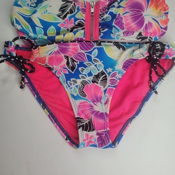 Hobie neon tropical print string bikini with zipper top large & bottom small - Picture 4 of 12